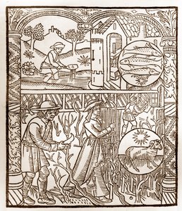 Herdekalender - Månadernas arbete - Mars - Träsnitt från 1496 års bok tryckt av Guy Marchant (Guido Mercator) i Troyes - Trästick i "Le grand Calendrier et compost des shepherds" - av Guy Marchant