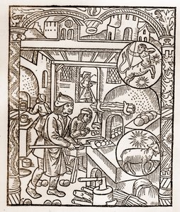 Herdekalender - Månadernas arbete - November - Träsnitt från boken från 1496 tryckt av Guy Marchant (Guido Mercator) i Troyes - Trästick i "" Le grand Calendrier et compost des shepherds"" - Brödugn -