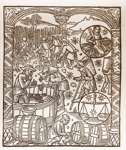 Herdekalender - Månadernas arbete - Oktober - Träsnitt från boken från 1496 tryckt av Guy Marchant (Guido Mercator) i Troyes - Trästick i "" Le grand Calendrier et compost des shepherds"" - Skörden - och tecknen på zodiaken: den