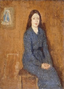 En sittande flicka i en prickig blå klänning, 1914-15 av Gwen John