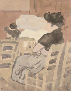 En kvinna och en ung flicka i en kyrklig interiör (akvarell på papper) av Gwen John