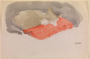 Katt som sover på en röd kudde (gouache och penna på papper) av Gwen John