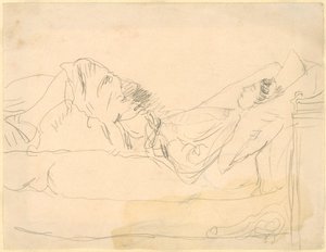 Flicka liggande på en säng (penna på papper) av Gwen John