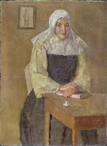 Mere Poussepin sitter vid ett bord (olja på duk) av Gwen John