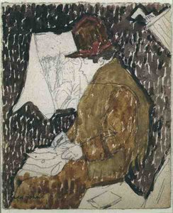 Profil av en kvinna i en järnvägsvagn (akvarell på papper) av Gwen John