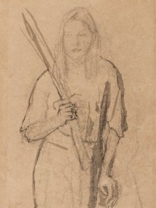 Stående tjej med trästolpe i handen (penna & tvätt på papper) av Gwen John