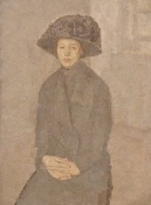 Ung kvinna som bär en stor hatt, ca 1917-25 (olja på duk nedlagd ombord)