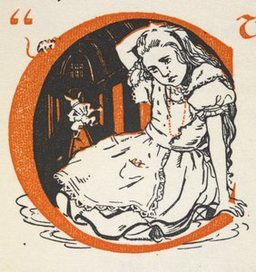 Upplyst bokstaven C med Alice och den vita kaninen inuti