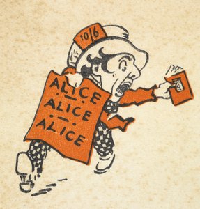 Illustration av den galna hattmakaren som springer med en bok och en skylt som säger "Alice Alice Alice"