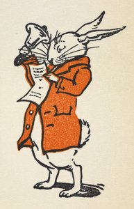 Illustration av den vita kaninen i röd jacka som ringer i en stor klocka och läser