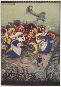 Illustration av två marsvin klädda i städerskekläder som tar hand om en ödla medan två igelkottar bär en bår i bakgrunden för att hjälpa honom.