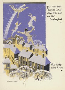 Peter Pan och Wendy: John var sist eftersom han hade stannat för att ta på sig sin söndagshatt, fåglarna flögs (färg litho)