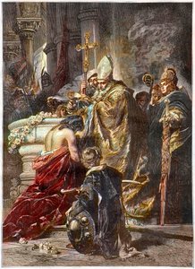 Sankt Stefans dop (c970-1038), helige och förste kung av Ungern - döpt av helgon Adalbert av Prag Efter ett verk av Gyula Benczur - döps den ungerske prinsen Vajk av helige Adalbert av Prag och tar namnet Stefan (St. Stephen I Ki