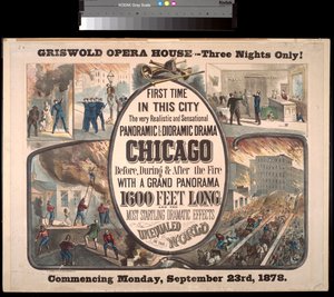 Annons för ett panorama- och dioramiskt drama om Chicago-branden 1871 på Griswold Opera House, 1878