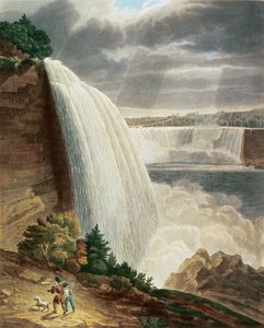 Niagarafallen, del av det amerikanska fallet från trappans fot, graverad av J. Hill, utgiven av H.L.Megarcy (färggravyr)