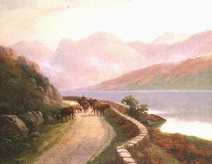 Förare med kor vid sjön Buttermere, kväll av H.R. Hall