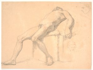 Studie av manlig naken liggande modell. T.h. två porträtthuvuden, ett möjligen Constantin Hansen