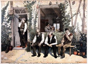 Frisörer. Litografi baserad på målningen av Brispot, utställning 1895 på Champs Elysees. I "" Le Petite Journal"" den 26 maj