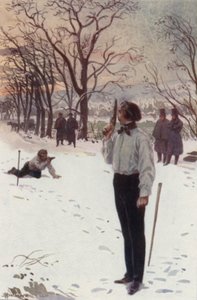 Henri, som stod stilla och täckte ansiktet med sin pistol, väntade (färg litho)