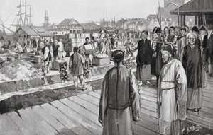 Polischef Lin förstör tusentals kistor med opium (litografi)