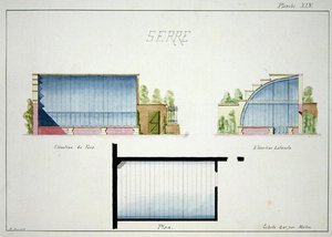 Design för ett växthus med böjda glasväggar och tak, från en folio av originalteckningar i klassisk och tidig Belle-Epoque-stil, ca 1870 (penna och bläck på papper)
