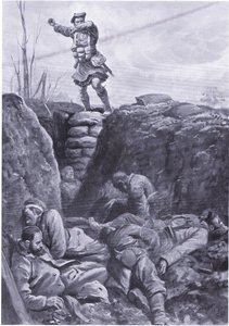 Menig Brown (Gordon Highlander) bombar fienden i ett tyskt skyttegrav från toppen av en barrikad. (litho)
