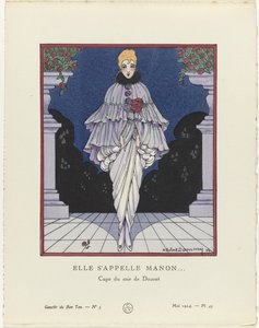 Gazette du Bon Ton, 1914 - nr 5, pl. 45: Hennes namn är Manon (...) / Evening cape av Doucet (titel på objektet) av H. Robert Dammy