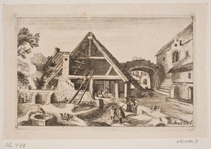 Stadsinredning med lada och Jesu födelse av H. Rosenkilde
