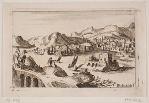 Kuperat kustlandskap med orientaliska byggnader av H. Rosenkilde