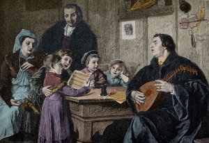 Martin Luther (1483-1546) mitt i sin familj (gravyr efter H Stelzner) av H. Stelzner