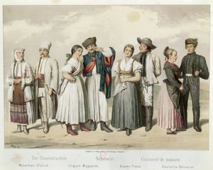 Dräkter av bönder från (L till R) Rumänien, Ungern, Slovakien och Tyskland, från 