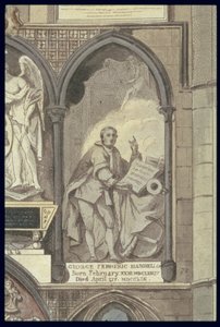 West Side of Poets Corner, skylt 25 från Westminster Abbey, detalj av George Frederick Handels begravningsmonument 1685-1759, graverad av J. Bluck fl.1791-1831 pub. av Rudolph Ackermann 1764-1834 1 av H. Villiers