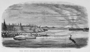 Tvillingbergen från Melozikakat-munnen, från "Alaska och dess resurser", av William H. Dall, graverad av John Andrew, pub. 1870