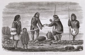 Tuski och Mahlemuts Trading for Oil, från "Alaska och dess resurser", av William H. Dall, graverad av John Andrew, pub. 1870