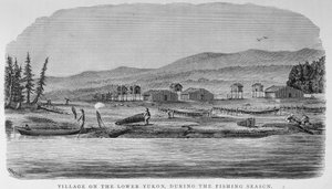 By i nedre Yukon, ur "Alaska and its Resources", av William H. Dall, graverad av John Andrew, pub. 1870