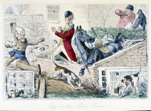 Slåss mellan en bonde och en jägare. Engelsk karikatyr på rävjakten från "Thomas Scotts eller Hawbuck Granges äventyr", illustration av H.K. Browne och W.T. Maud. av Hablot Knight Browne