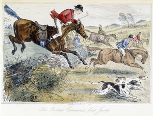 Jaktscen, engelsk tecknad film om rävjakt, hämtad från Thomas Scotts "" äventyr, eller Hawbuck Grange", illustration av H.K. Browne och W.T. Maud. av Hablot Knight Browne