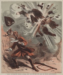 Baron Munchausen skjuter en björn, mycket till sin egen och björnens förvåning (färg litho)