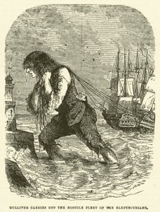 Gulliver bär bort Blefuscudians fientliga flotta (gravyr) av after Hablot Knight Browne