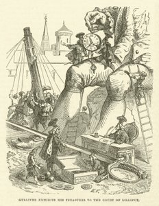 Gulliver ställer ut sina skatter för hovet i Lilliput (gravyr) av after Hablot Knight Browne