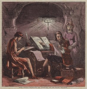Peter Wilkins översätter skrifterna för Flying Islanders (färg litho) av after Hablot Knight Browne