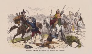 Robinson Crusoe attackerad och rånad av tartarer (färgad gravyr) av after Hablot Knight Browne
