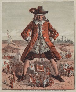 Lilliputs stora armé gör en stor demonstration för att förvåna Gulliver (färglitografi)