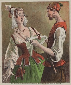 Hustrun till bonden i Brobdingnag är orolig vid åsynen av Gulliver (färg litho)