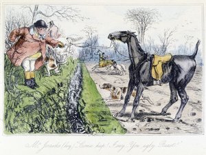 Hästjaktscen. Engelsk tecknad film om rävjakt från Thomas Scotts eller Hawbuck Granges "" äventyr", illustration av H.K. Browne och W.T. Maud. av Hablot Knight Browne
