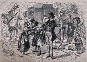 En ung kvinna tar hand om en man som ser sjuk ut, medan människor från huset kliver in i vagnen. Träsnitt av Gray efter H.K. Browne. av Hablot Knight Browne