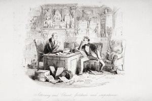 Advokat och klient, styrka och otålighet, illustration från "Bleak House" av Charles Dickens (1812-70) publicerad 1853 (litografi) av Hablot Knight Browne