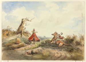 Häst med ryttare som skyggar från kvinna med hund av Hablot Knight Browne