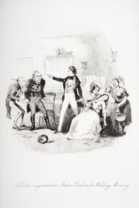 Nicholas gratulerar Arthur Gride till hans bröllopsmorgon, illustration från `Nicholas Nickleby
