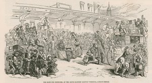 The Great Cab Strike: Rusningen efter omnibussar, vid South-Eastern Railway Terminus, London Bridge av Hablot Knight Browne